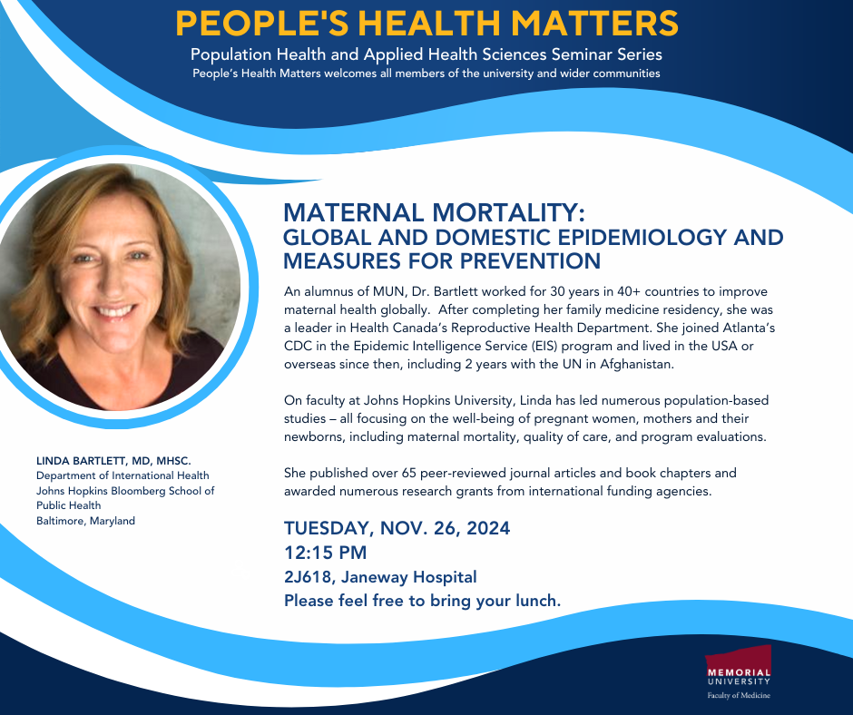 Graphic of People's Health Matters poster for November 26, 2024 – Dr. Linda Bartlett